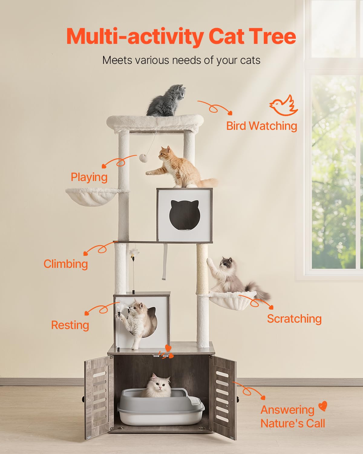 VEVOR Large Cat Tree with Litter Box Enclosure, 72.83 inches Tall, 2-in-1 Cat Tower, Multi-Level Cat Condo Furniture with Sisal